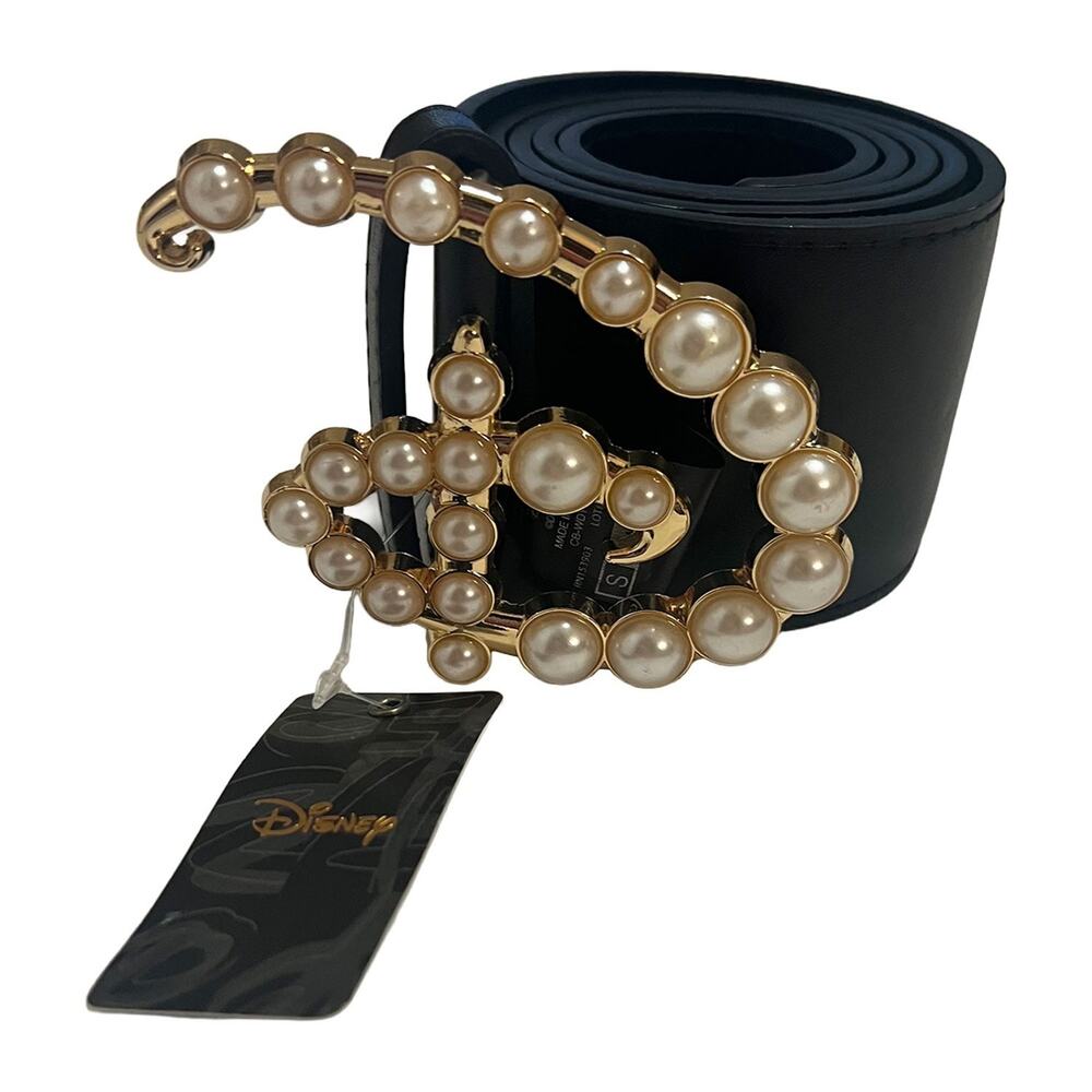 Buckle-Down x Disney Faux Pearl Disney "D" Logo Statement Wide Belt Black S